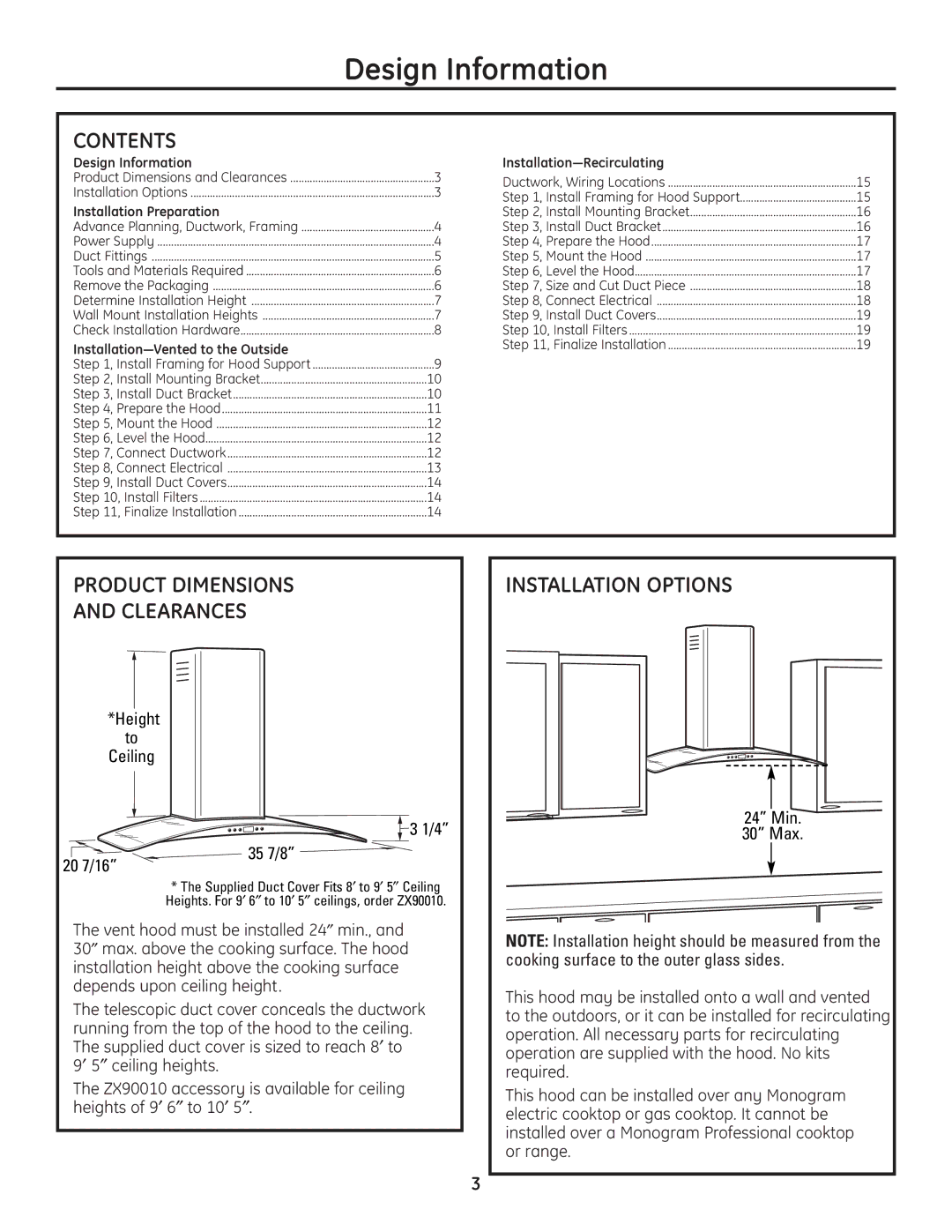 GE ZV900 installation instructions Contents, Installation Options 