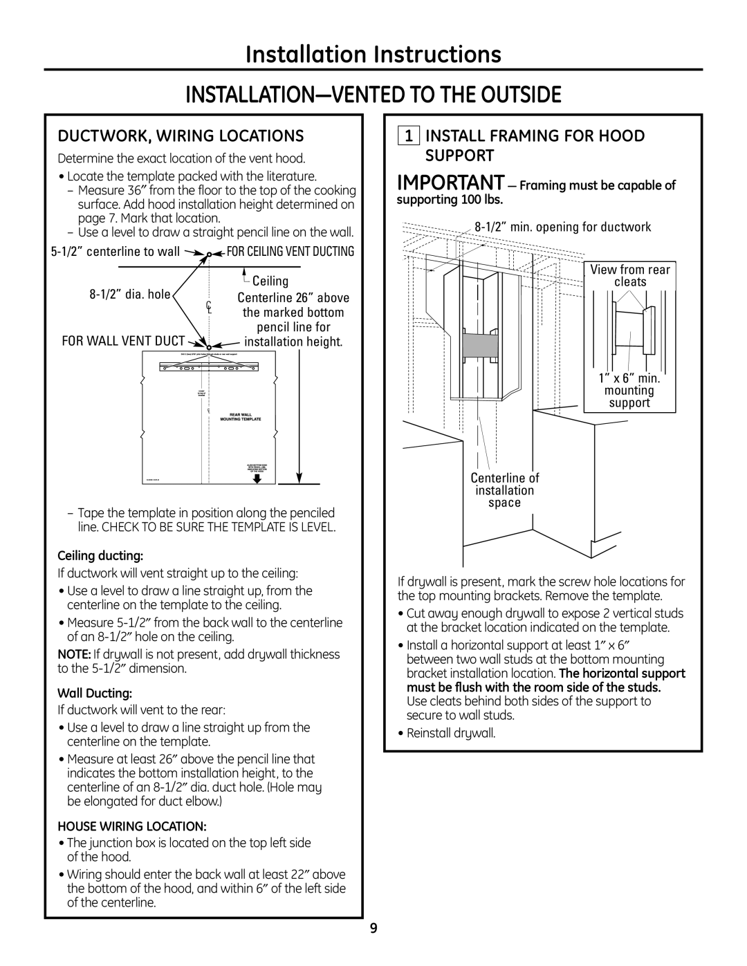 GE ZV900 Installation Instructions INSTALLATION-VENTED TO THE OUTSIDE, Ductwork, Wiring Locations, Ceiling ducting 