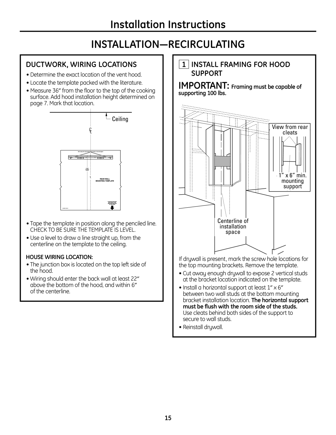GE ZV900 Installation Instructions INSTALLATION-RECIRCULATING, IMPORTANT Framing must be capable of supporting 100 lbs 