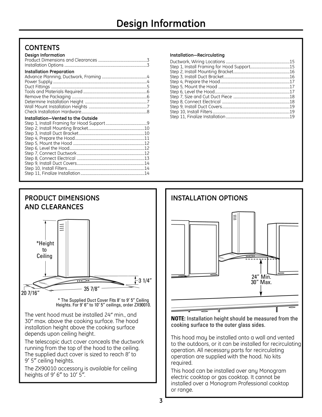 GE ZV900 installation instructions Design Information, Contents, Installation Options, Product Dimensions And Clearances 