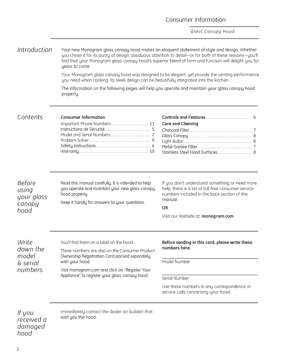 GE ZV925, ZV900 owner manual Consumer Information, Introduction, Contents, Before using your glass canopy hood 