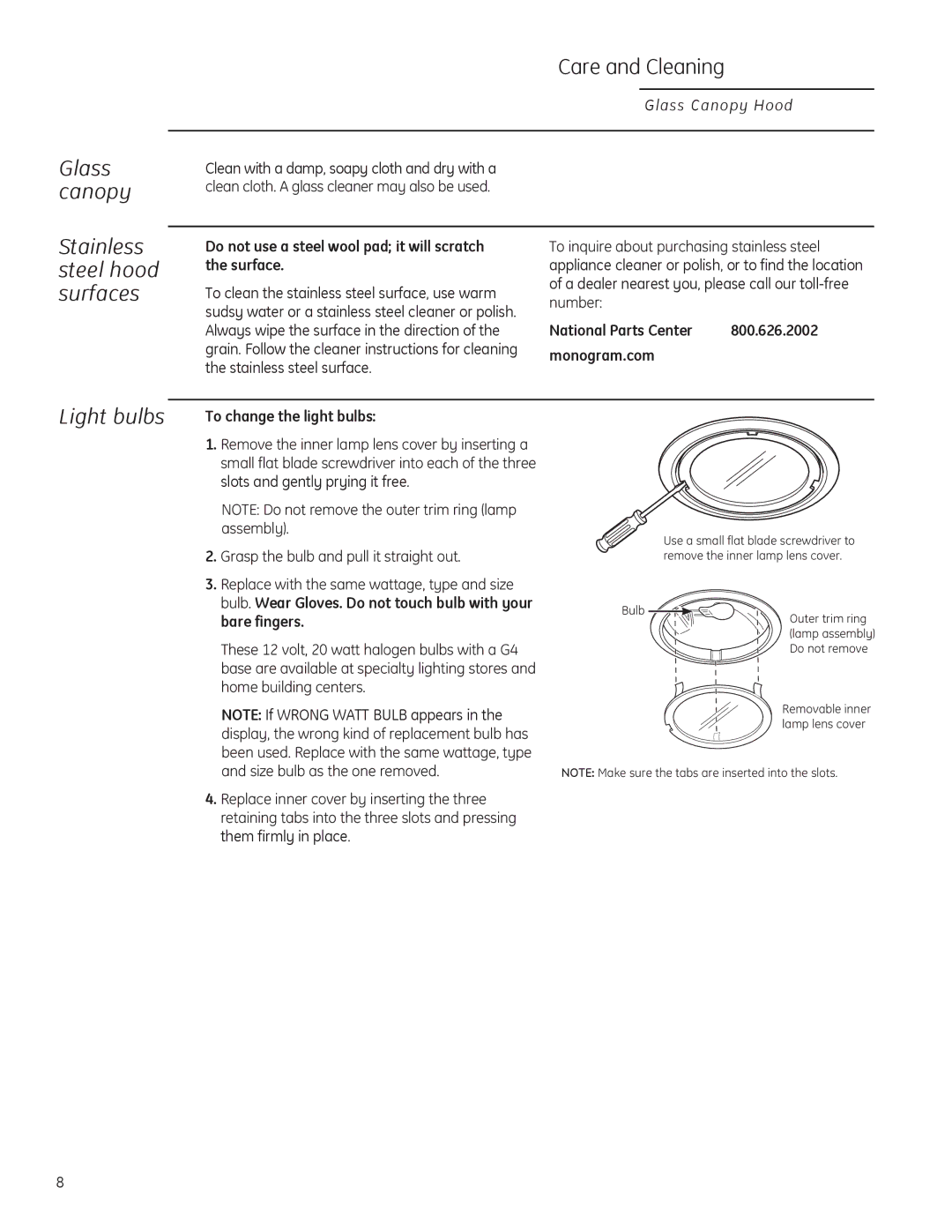 GE ZV925, ZV900 owner manual Glass canopy, Light bulbs 