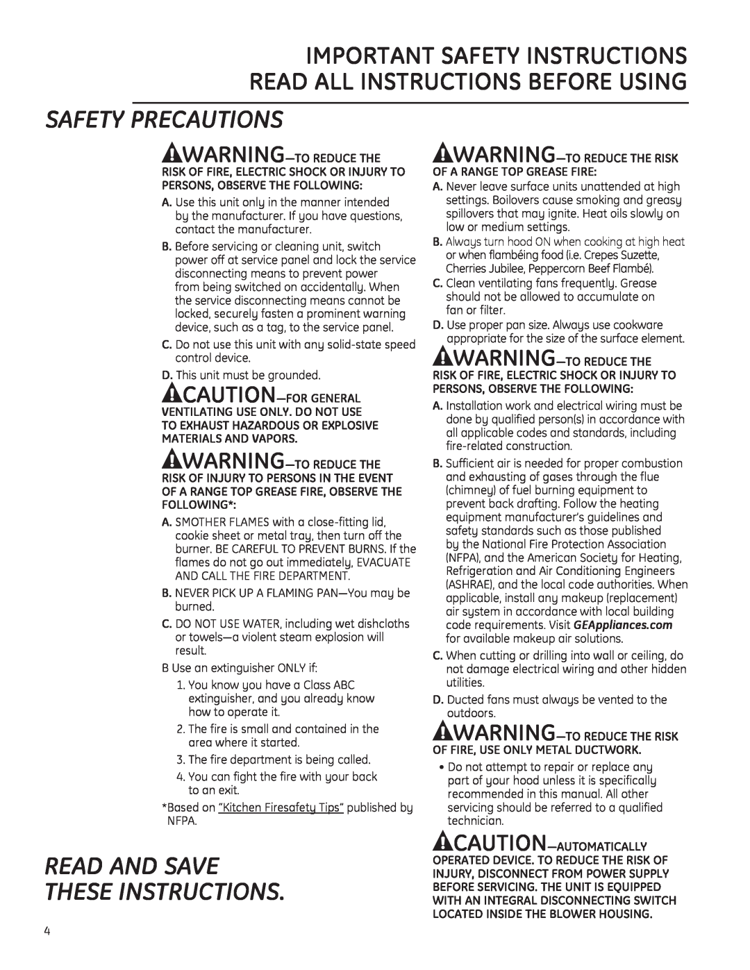 GE ZV925, ZV900 owner manual Safety Precautions, Read And Save These Instructions 