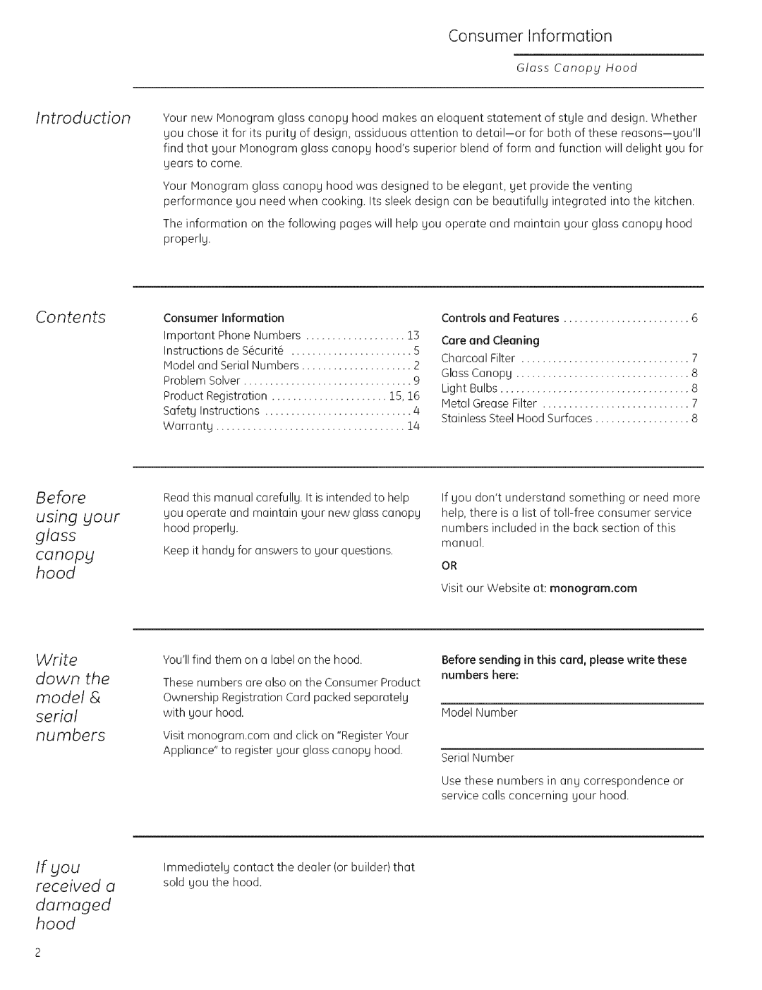 GE ZV925 owner manual Introduction, Contents, Before using your glass, Write Down the model & serial numbers, Damaged hood 