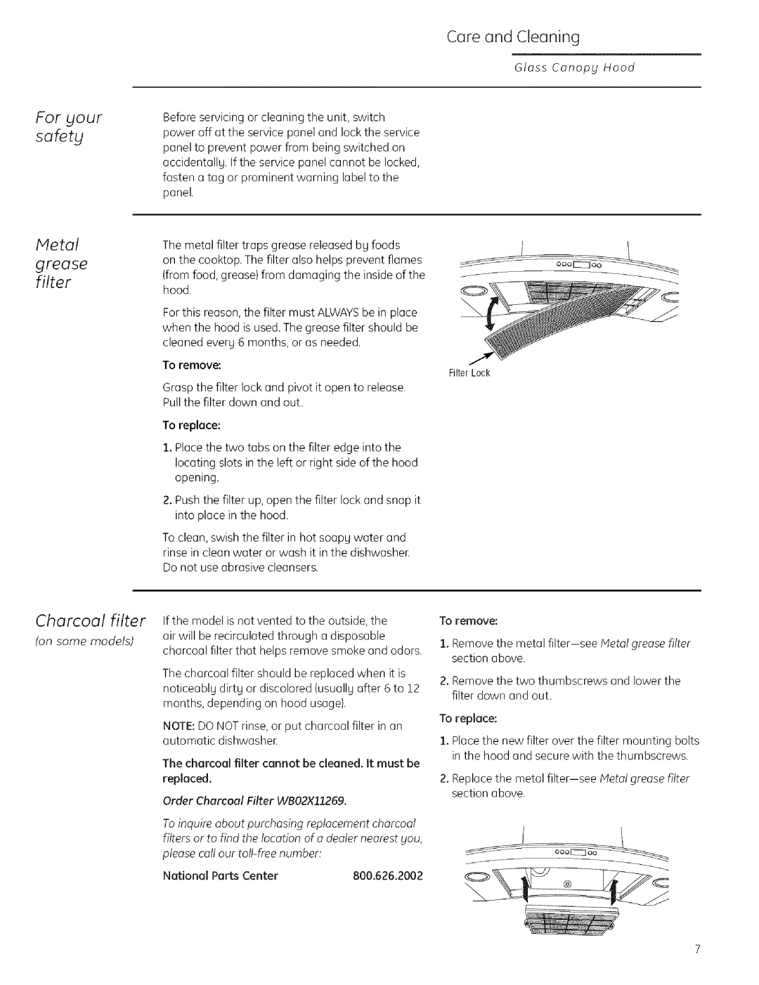 GE ZV925 owner manual For gout safetug Metal Grease filter, Charcoal filter 