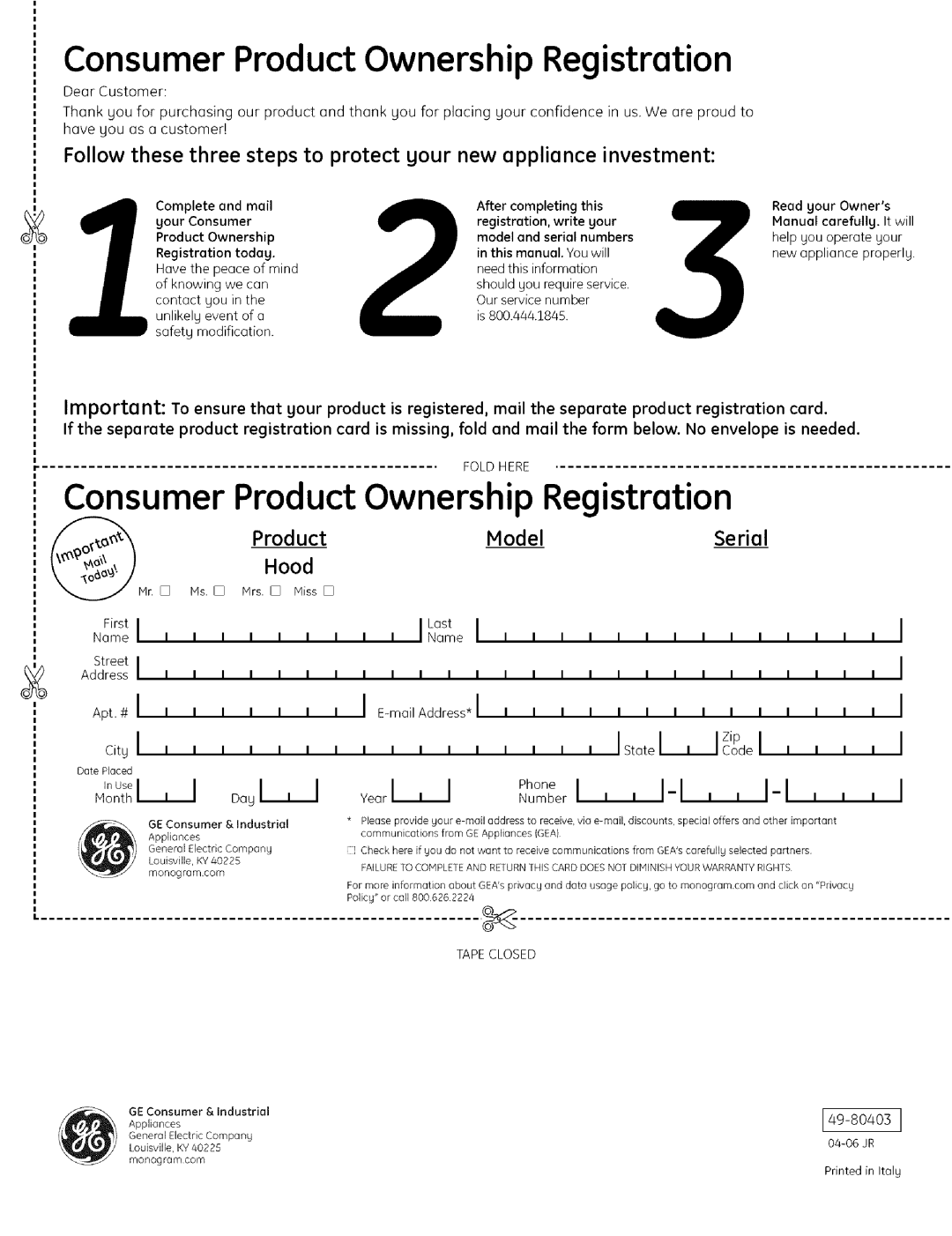 GE ZV925 owner manual Consumer Product Ownership Registration, II p, Model, Serial, Hood, 49-80403I 