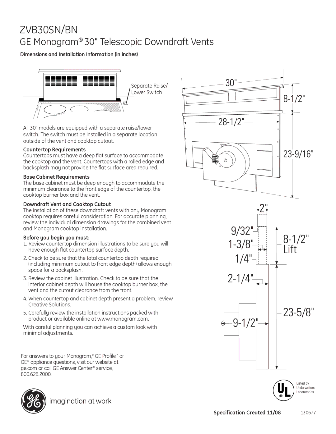 GE ZVB30BNBB, ZVB30SNSS dimensions Dimensions and Installation Information in inches, Countertop Requirements 