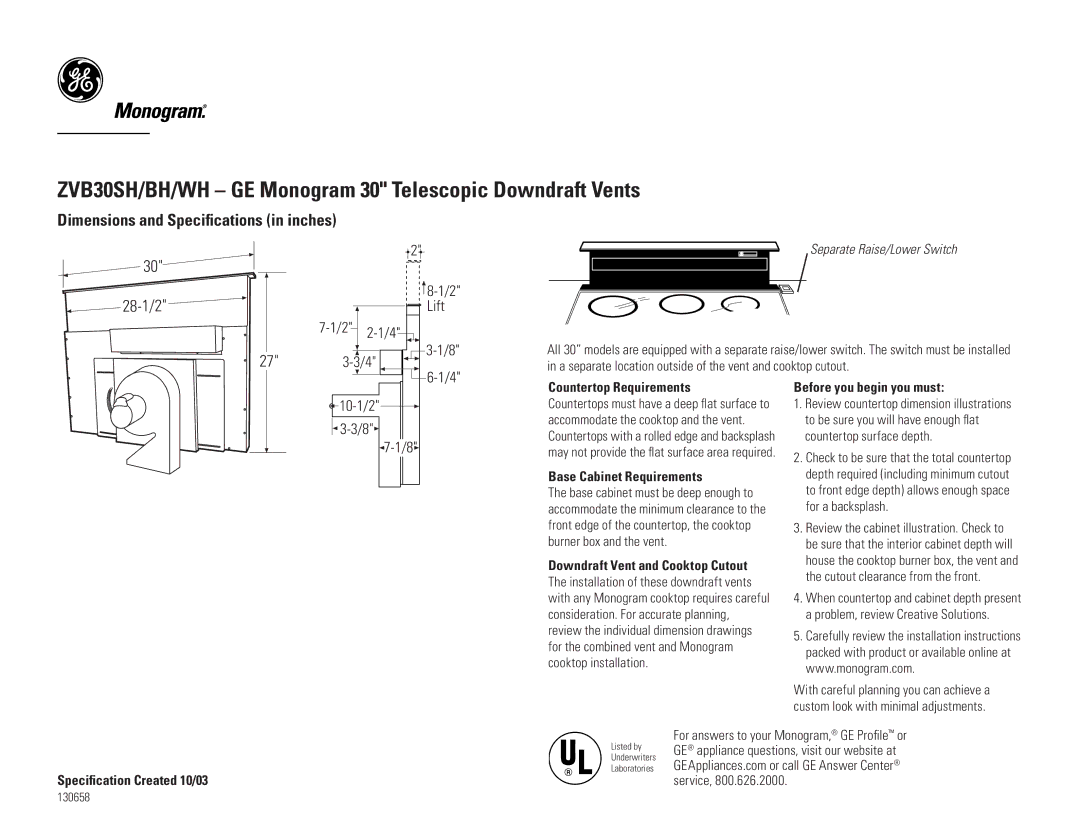 GE ZVB30SH/BH/WH dimensions Dimensions and Speciﬁcations in inches 