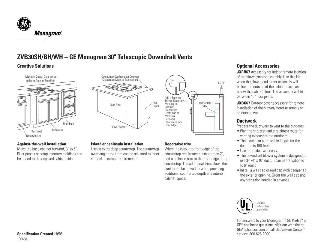 GE ZVB30SH/BH/WH dimensions Creative Solutions, Optional Accessories, Ductwork 