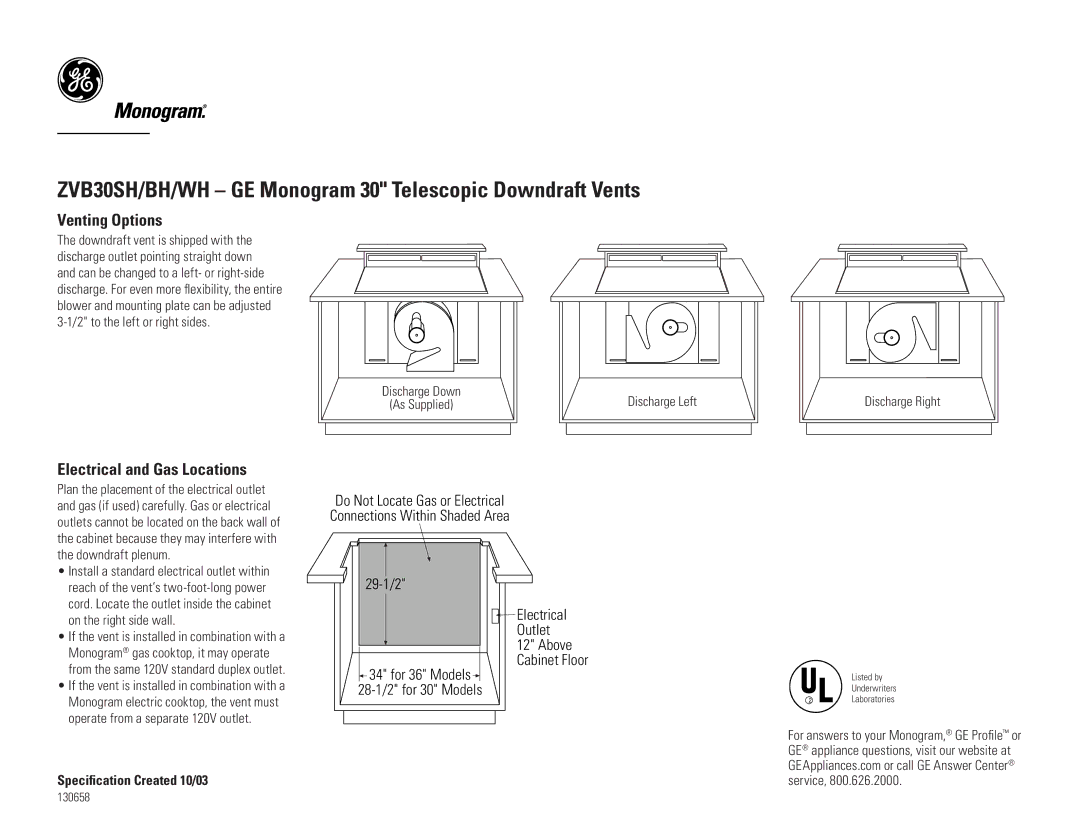 GE ZVB30SH/BH/WH dimensions Venting Options, Electrical and Gas Locations, Discharge Left, Above Cabinet Floor 