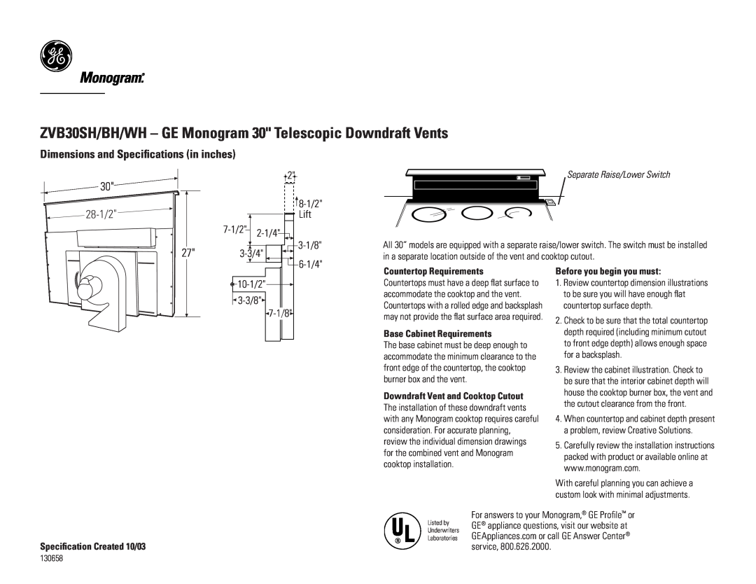 GE ZVB30SH/BH/WH dimensions Dimensions and Speciﬁcations in inches, 30 28-1/2, 7-1/2, Lift, 2-1/4, 3-3/4 