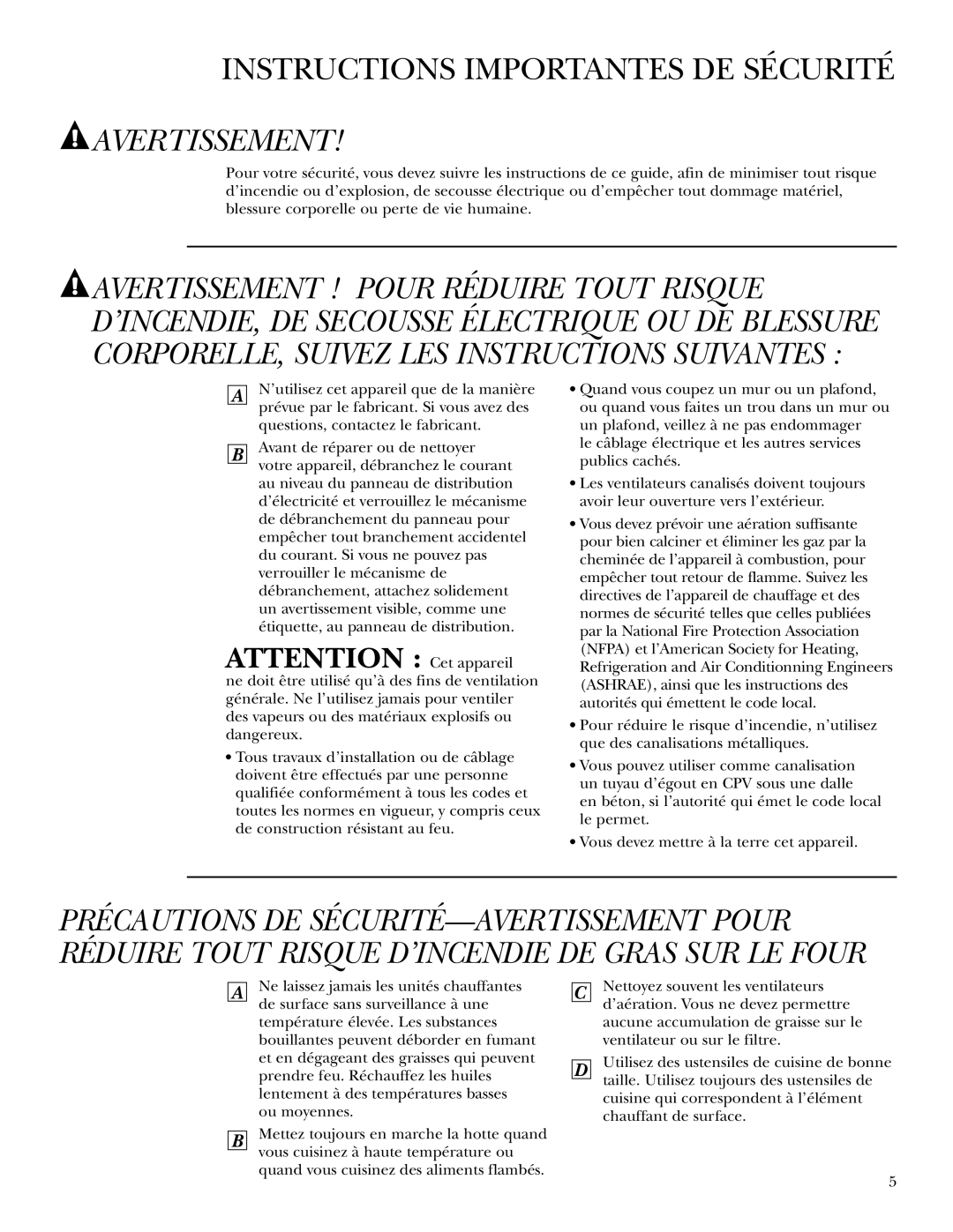 GE ZVB30, ZVB36 owner manual Avertissement 