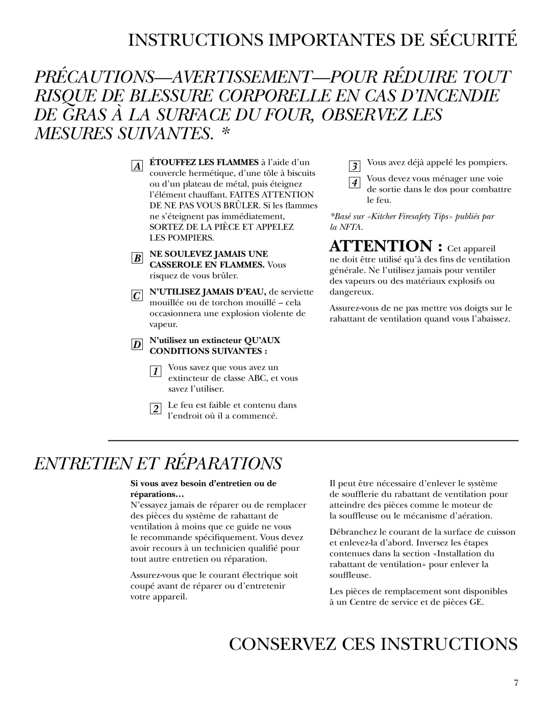 GE ZVB30, ZVB36 owner manual Entretien ET Réparations, NE Soulevez Jamais UNE Casserole EN FLAMMES. Vous 