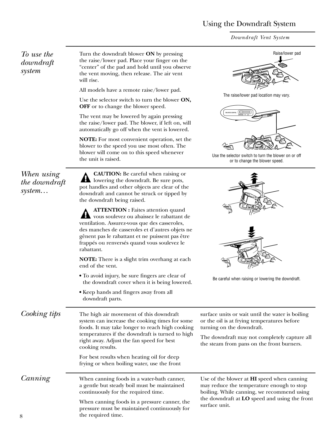 GE ZVB36, ZVB30 owner manual To use the downdraft system, When using the downdraft system…, Cooking tips, Canning 