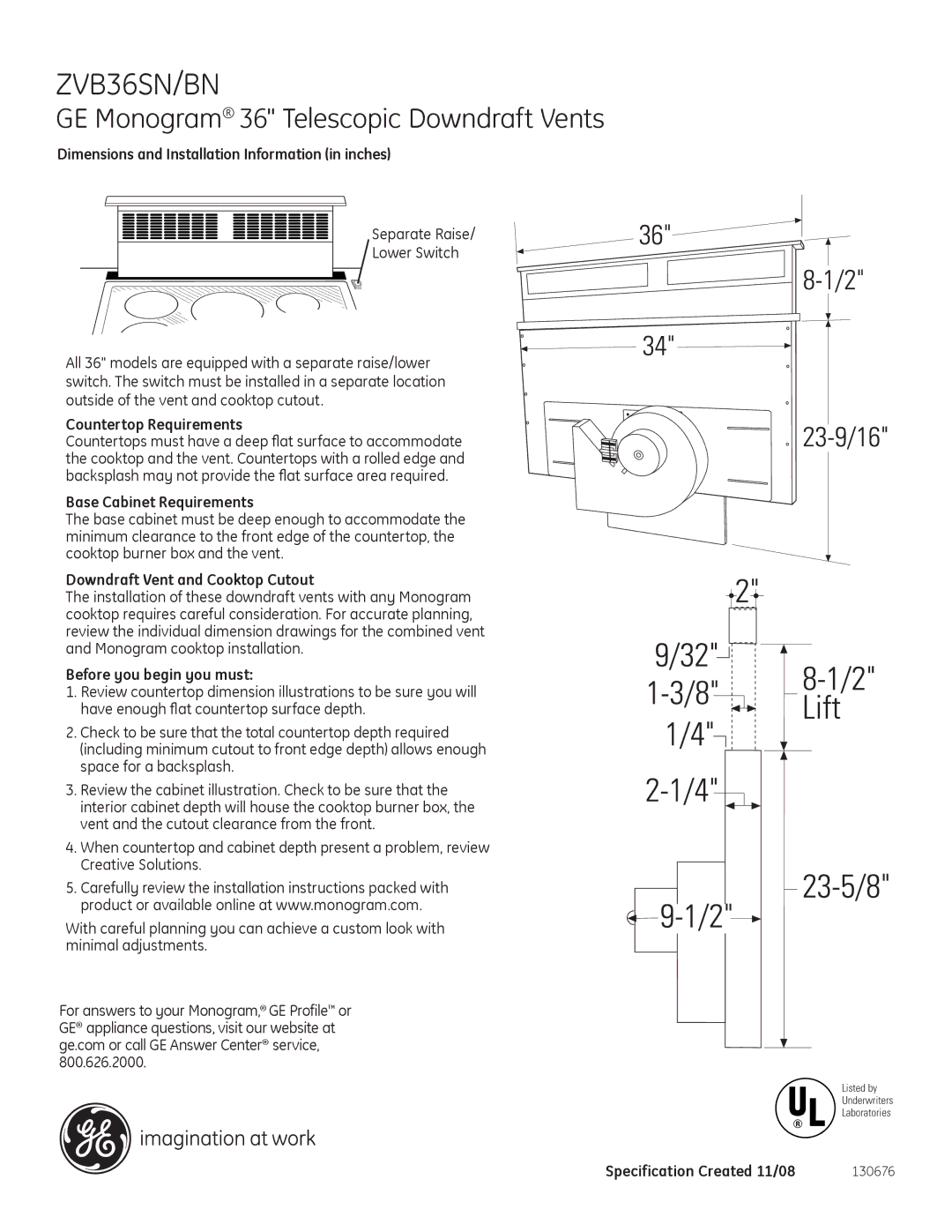 GE ZVB36BNBB, ZVB36SNSS dimensions Dimensions and Installation Information in inches, Countertop Requirements 