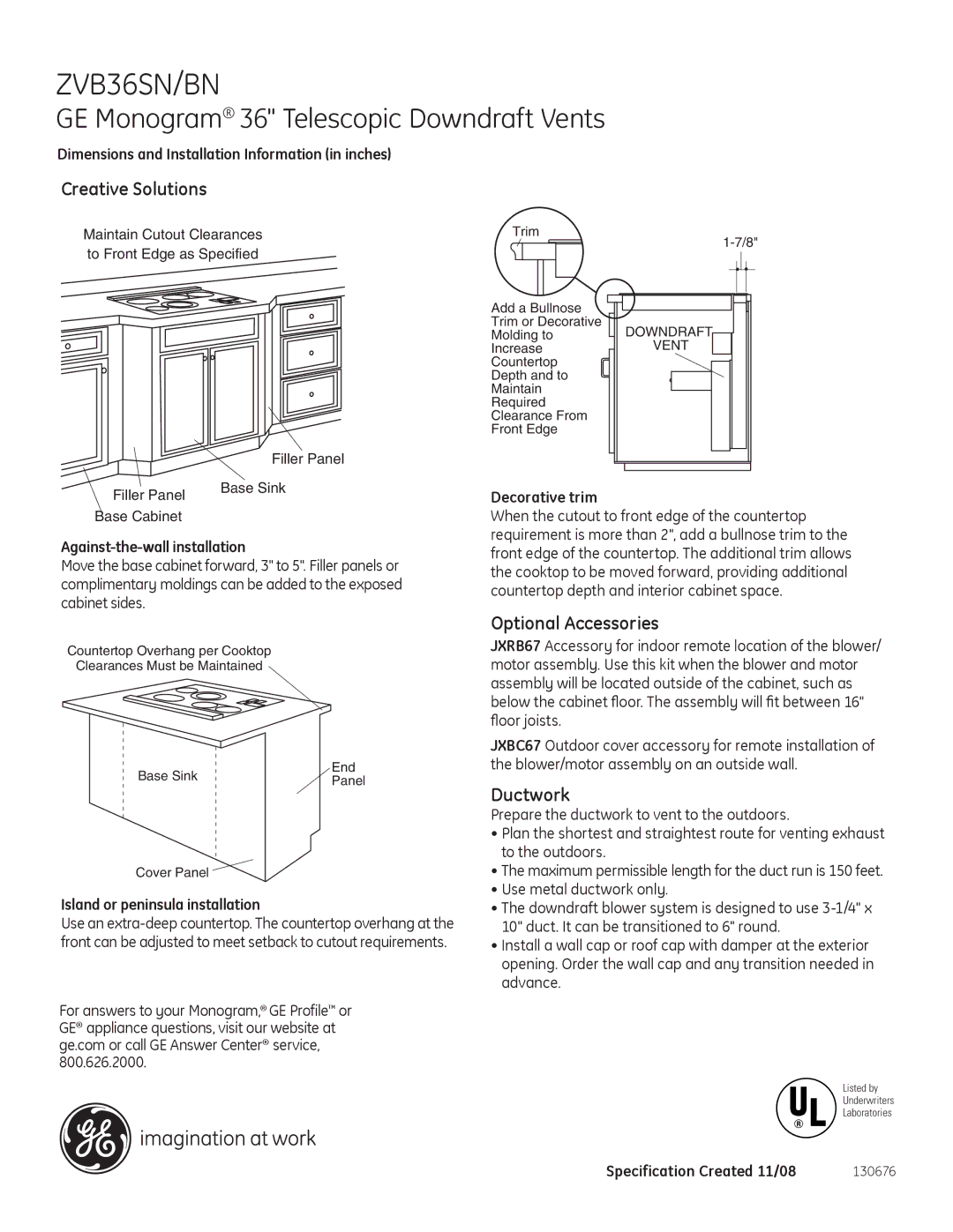 GE ZVB36SNSS, ZVB36BNBB dimensions Creative Solutions, Optional Accessories, Ductwork 