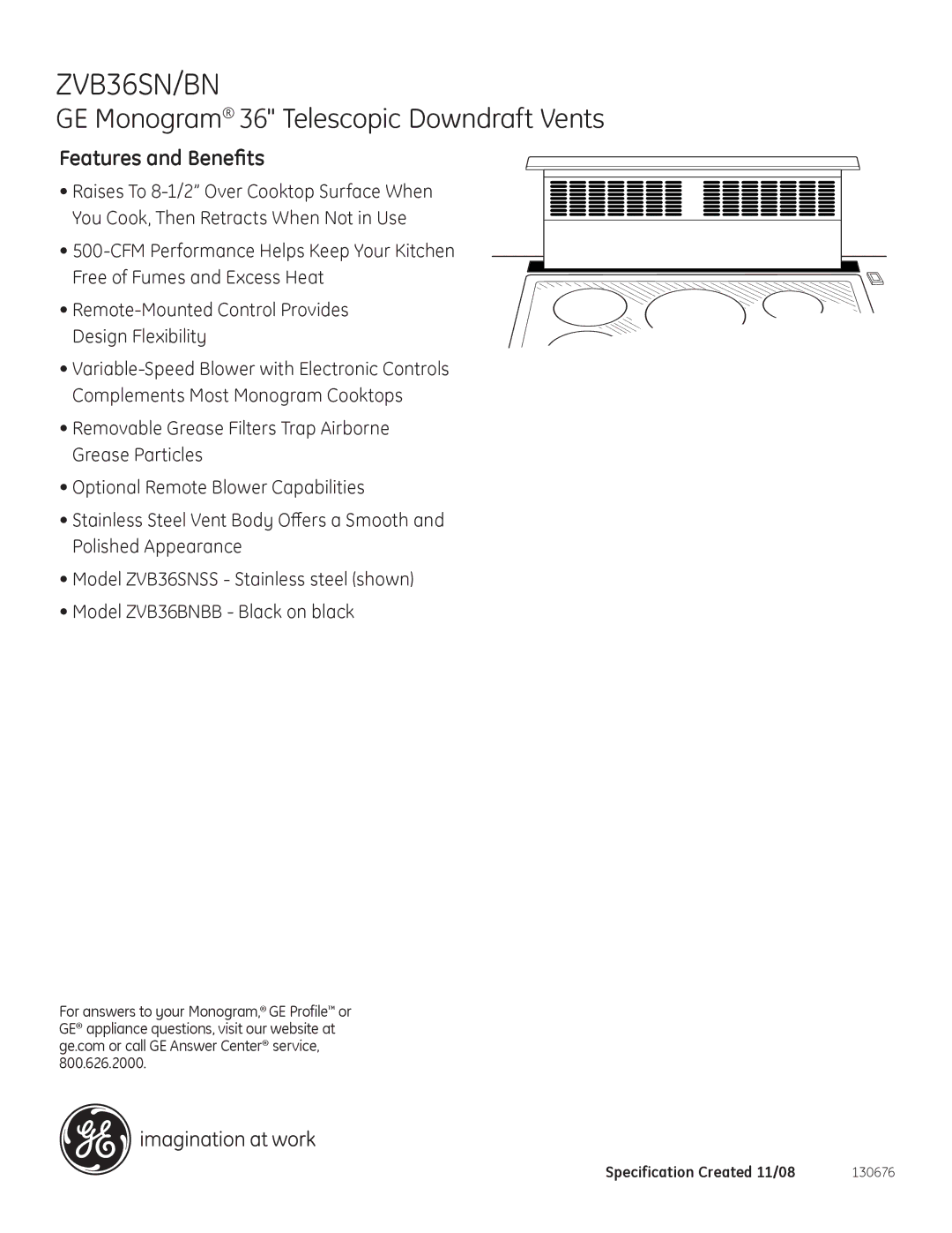 GE ZVB36BNBB, ZVB36SNSS dimensions Features and Benefits 