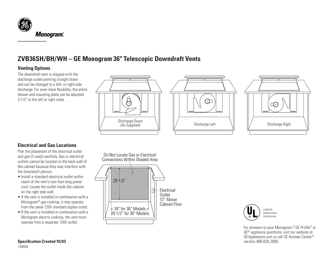 GE ZVB36WH, ZVB36BH, ZVB36SH dimensions Venting Options, Electrical and Gas Locations, Discharge Left, Above Cabinet Floor 