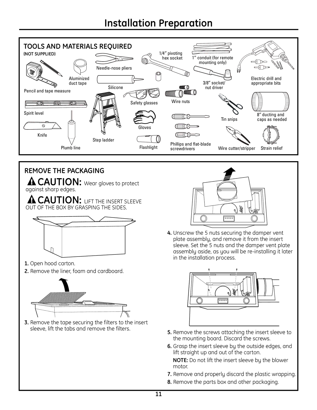 GE ZVC30, ZVC42, ZVC48, ZVC36 Installation Preparation, Tools and Materials Required, Remove the Packaging 