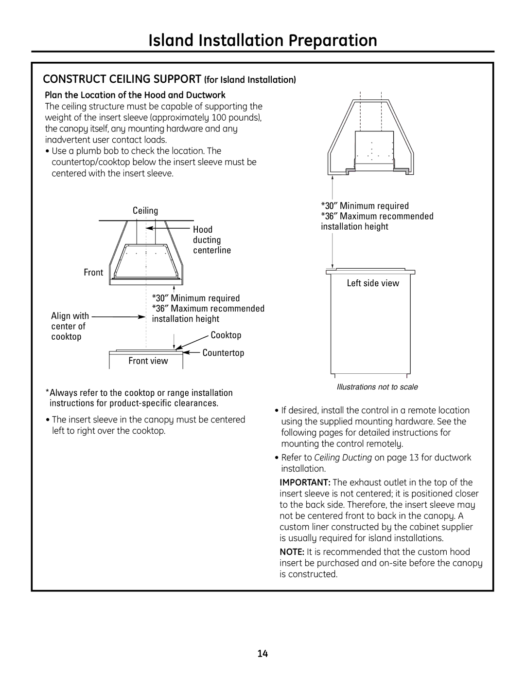 GE ZVC36 Island Installation Preparation, Plan the Location of the Hood and Ductwork, Installation height, Left side view 