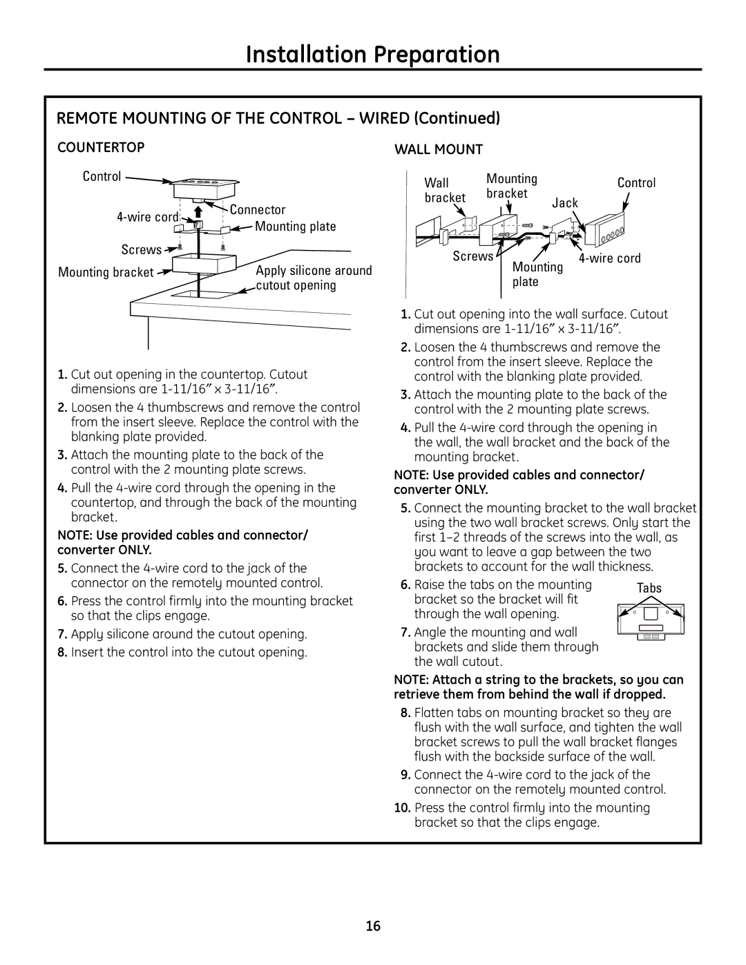 GE ZVC42, ZVC48, ZVC36, ZVC30 installation instructions Countertop, Cutout opening, Wall Mounting, Bracket 