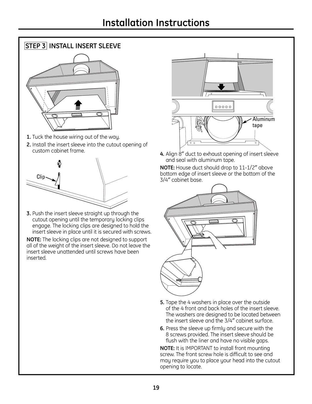 GE ZVC30, ZVC42, ZVC48, ZVC36 installation instructions Install Insert Sleeve 