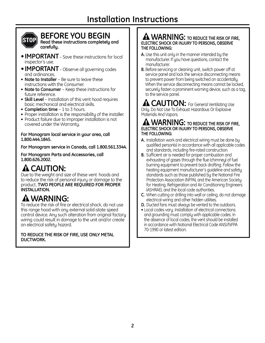 GE ZVC36, ZVC42 Installation Instructions, Read these instructions completely and carefully, Completion time 1 to 3 hours 