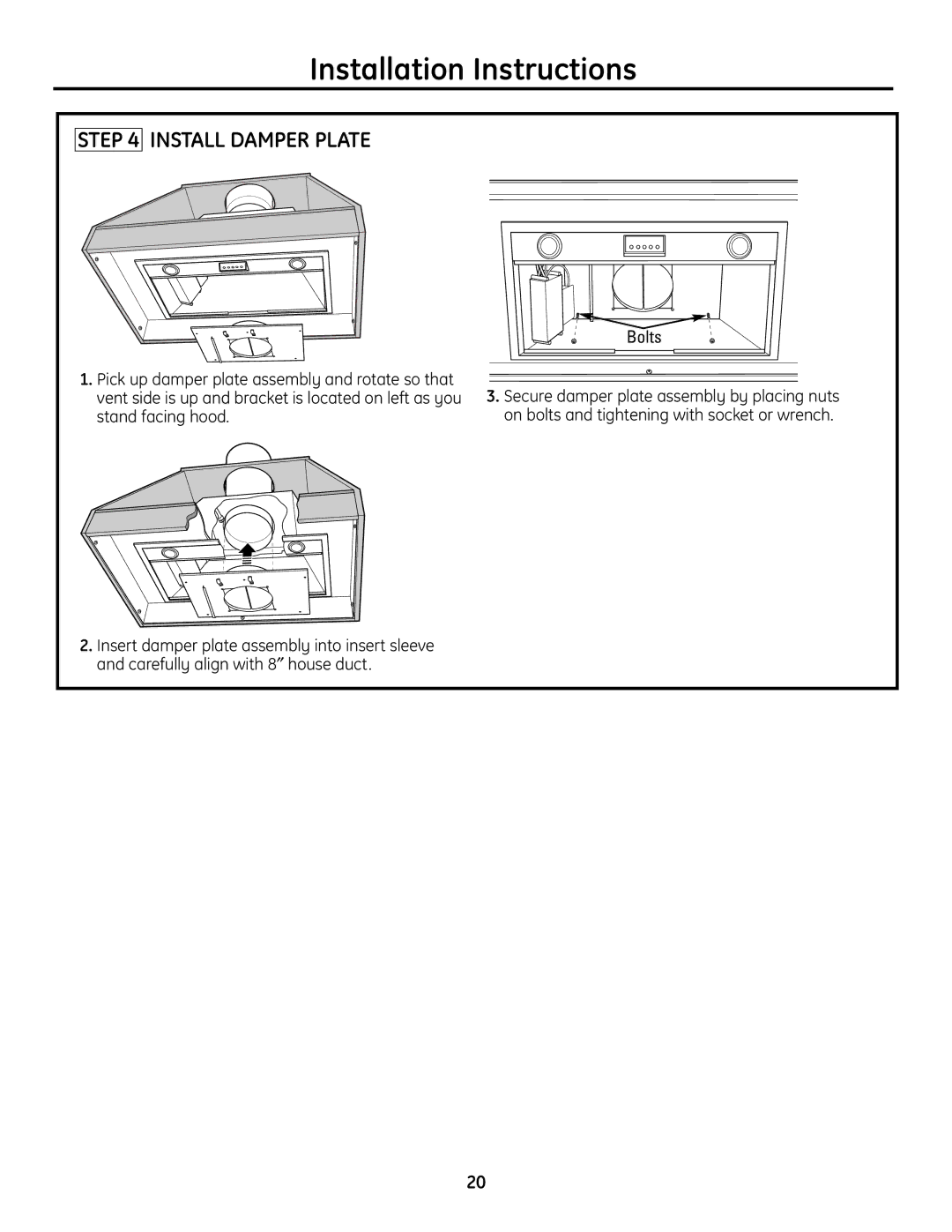 GE ZVC42, ZVC48, ZVC36, ZVC30 installation instructions Install Damper Plate, Bolts 