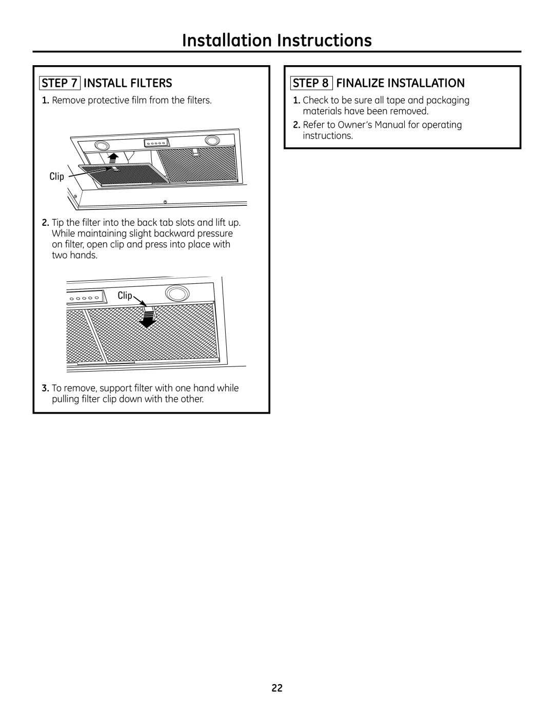 GE ZVC36, ZVC42, ZVC48, ZVC30 installation instructions Install Filters, Finalize Installation 