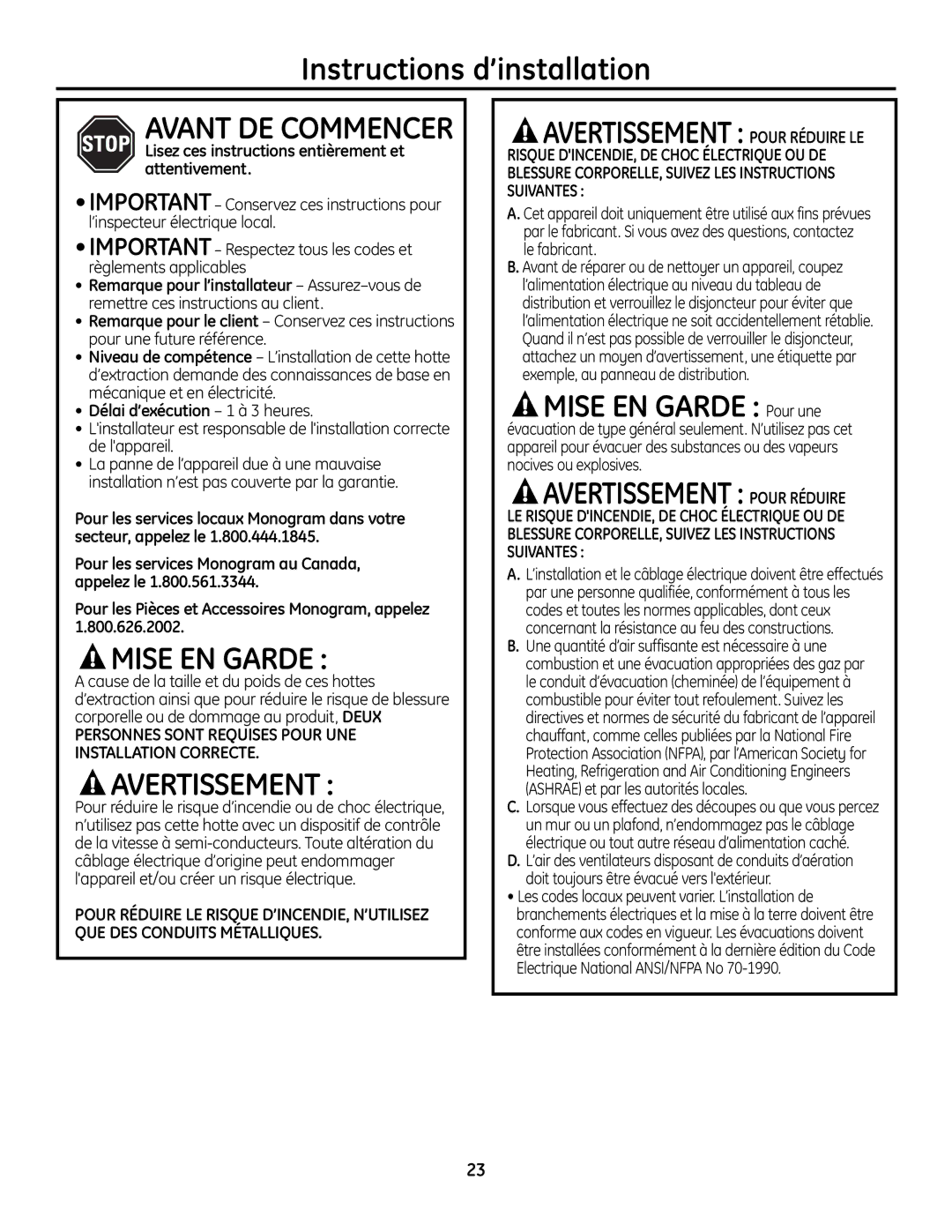 GE ZVC30, ZVC42 Instructions d’installation, Mise EN Garde Pour une, Lisez ces instructions entièrement et attentivement 