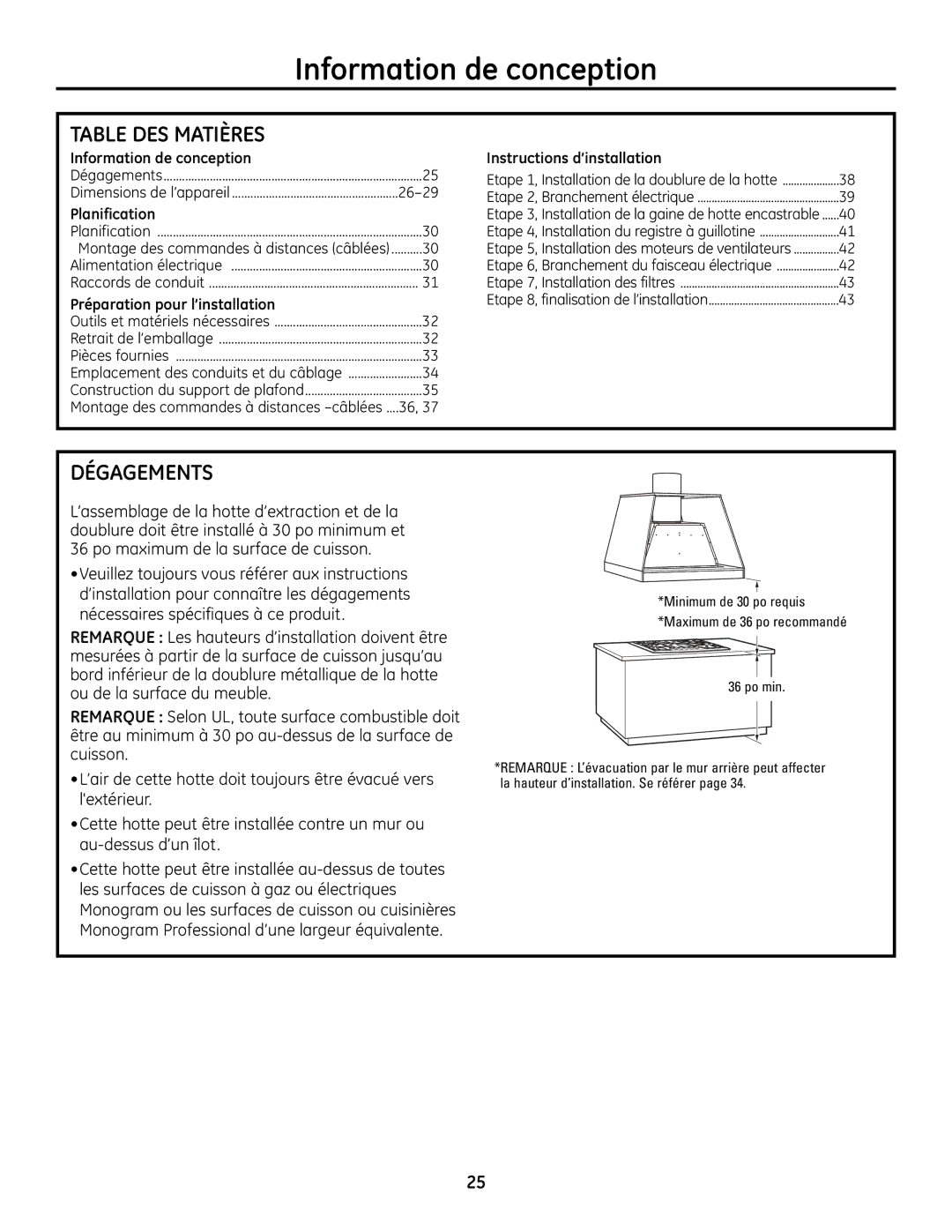 GE ZVC48, ZVC42, ZVC36, ZVC30 installation instructions Information de conception, Table DES Matières, Dégagements 