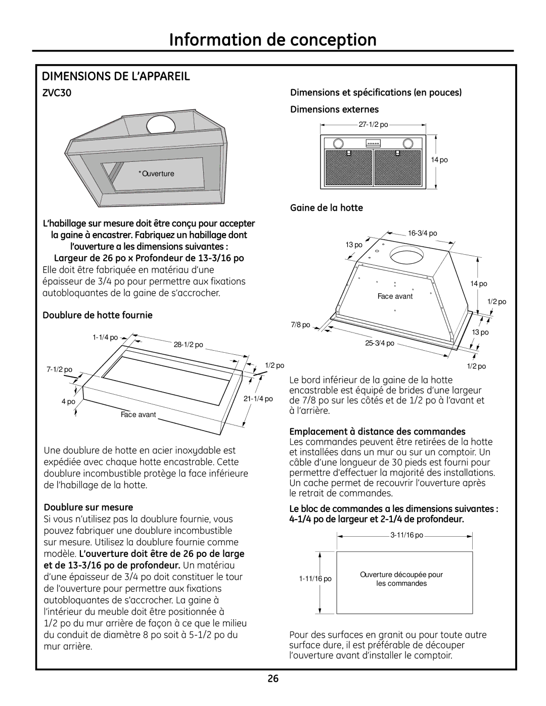 GE ZVC36, ZVC42, ZVC48, ZVC30 installation instructions Dimensions DE L’APPAREIL 