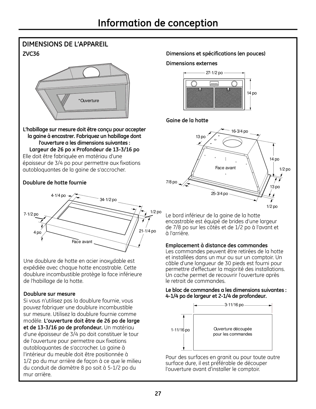 GE ZVC30, ZVC42, ZVC48, ZVC36 installation instructions 4 po 34-1/2 po 