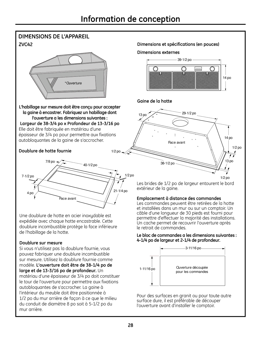 GE ZVC42, ZVC48, ZVC36, ZVC30 installation instructions Dimensions et spécifications en pouces Dimensions externes 