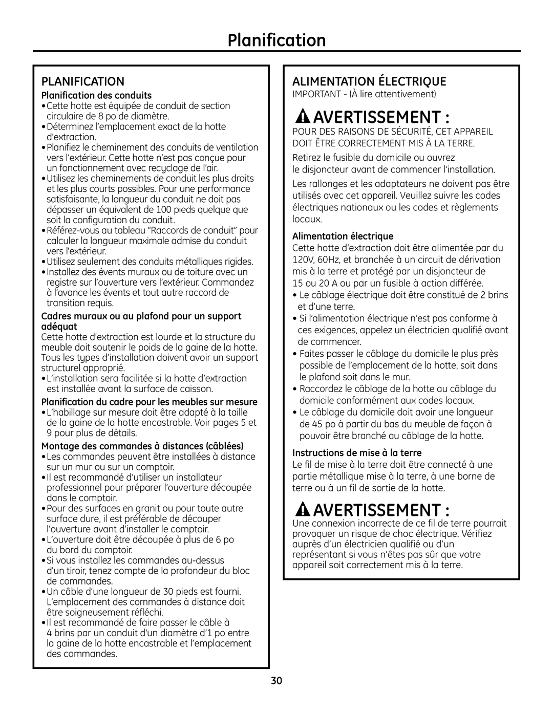 GE ZVC36, ZVC42, ZVC48, ZVC30 installation instructions Planification, Alimentation Électrique 