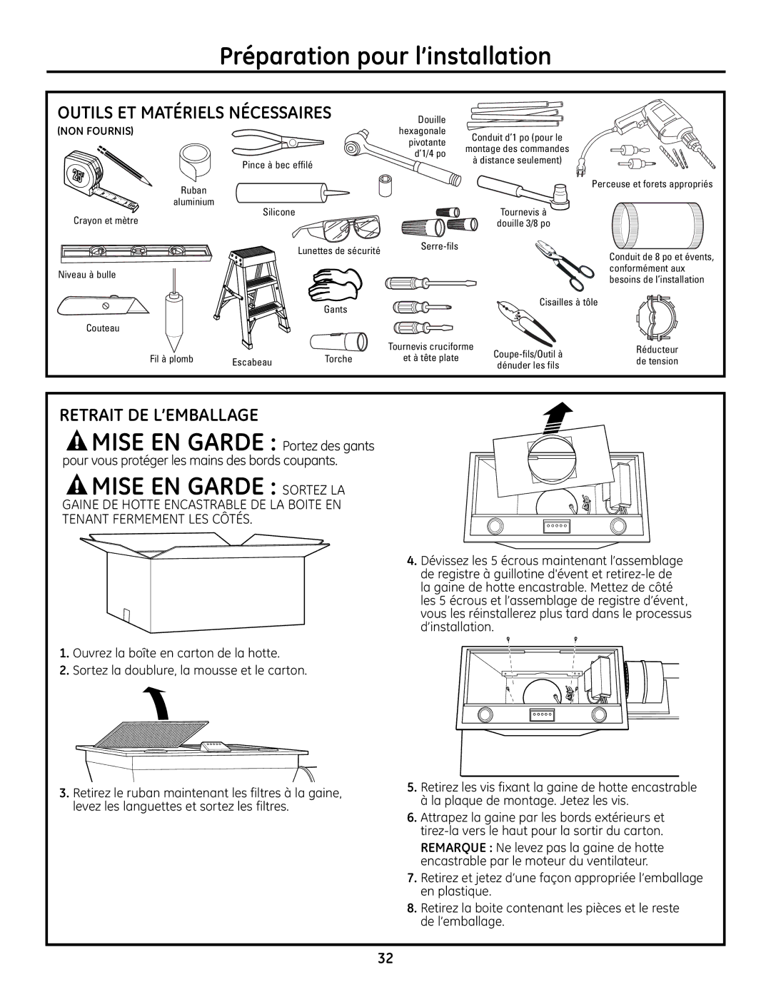 GE ZVC42, ZVC48, ZVC36, ZVC30 installation instructions Préparation pour l’installation, Retrait DE L’EMBALLAGE 