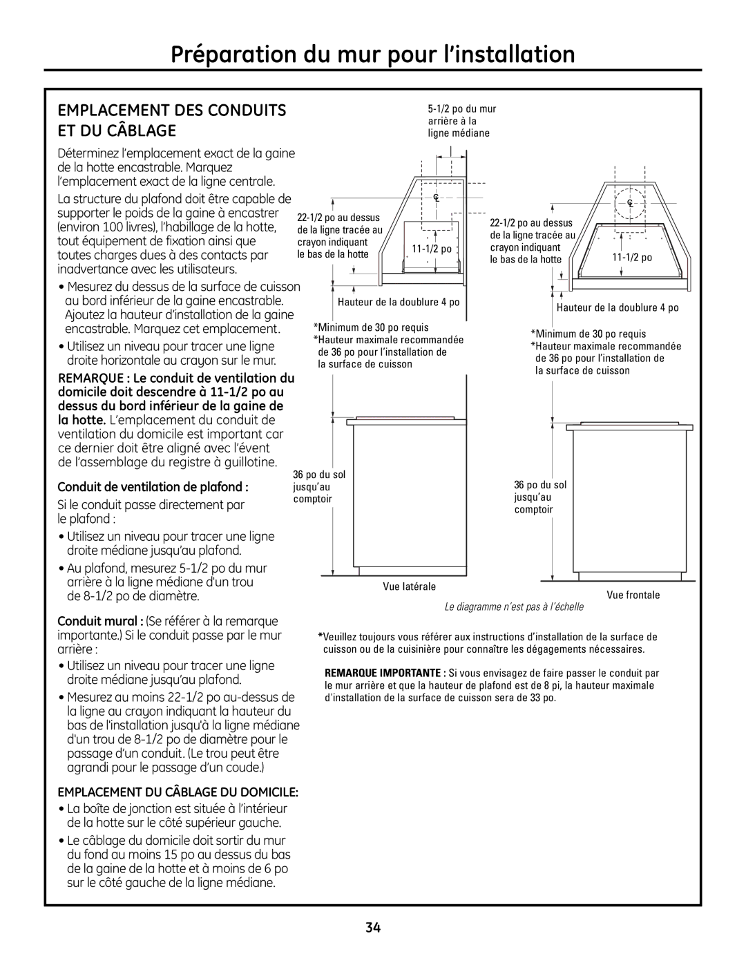 GE ZVC36, ZVC42, ZVC48, ZVC30 Préparation du mur pour l’installation, ET DU Câblage, Conduit de ventilation de plafond 