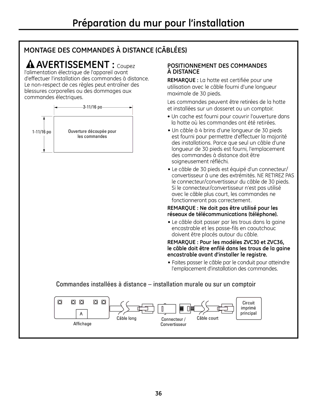 GE ZVC42, ZVC48 Avertissement Coupez, Montage DES Commandes À Distance Câblées, Positionnement DES Commandes À Distance 