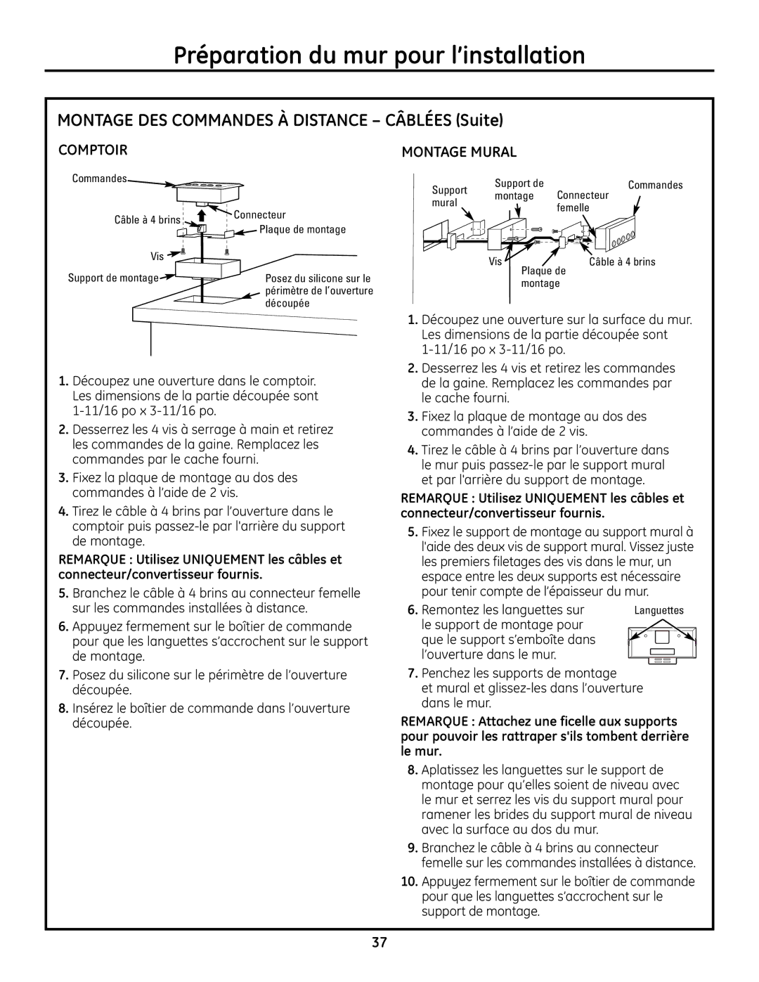 GE ZVC48, ZVC42, ZVC36, ZVC30 installation instructions Comptoir, Montage Mural, Remontez les languettes sur 