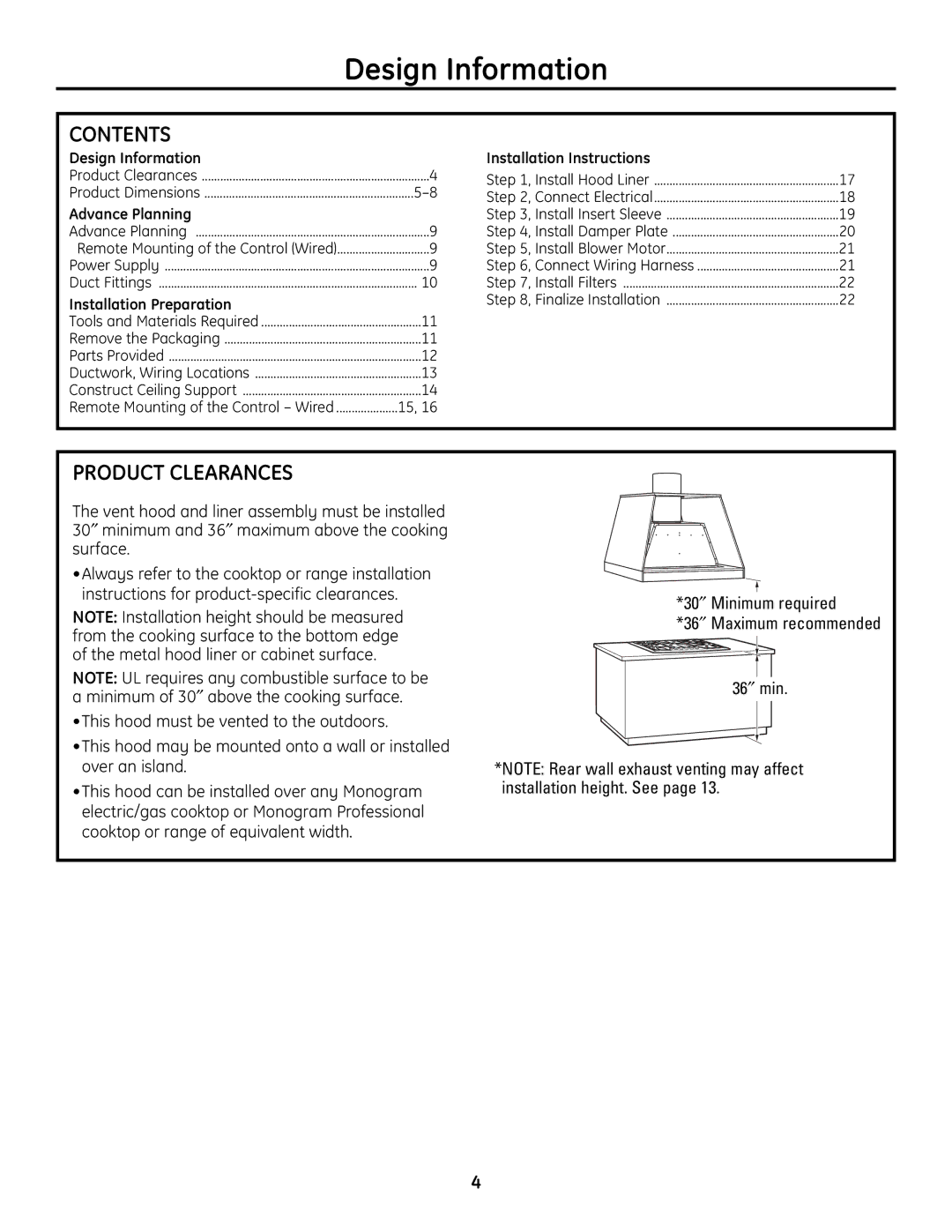 GE ZVC42, ZVC48, ZVC36, ZVC30 installation instructions Design Information, Contents, Product Clearances 