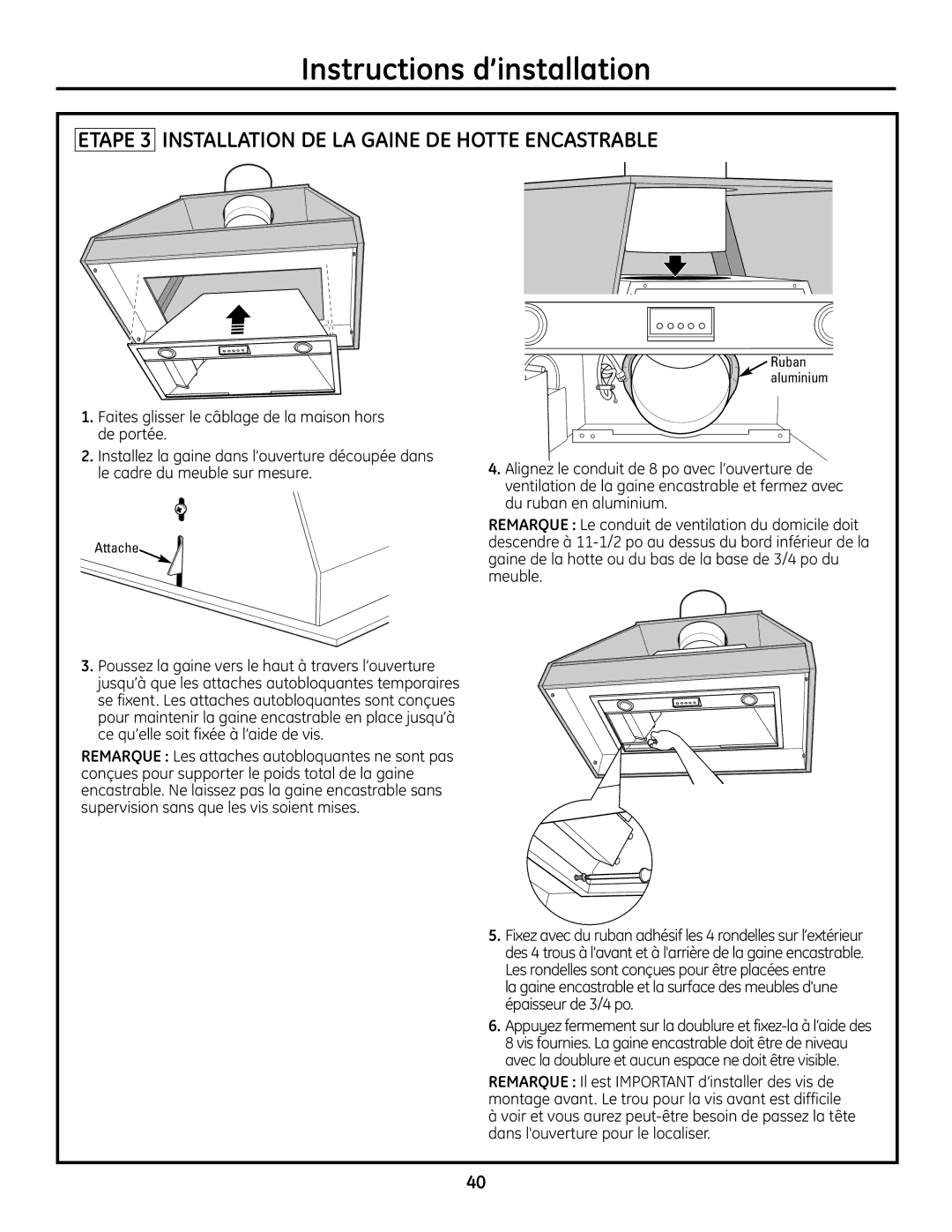 GE ZVC42, ZVC48, ZVC36, ZVC30 installation instructions Etape 3 Installation DE LA Gaine DE Hotte Encastrable 