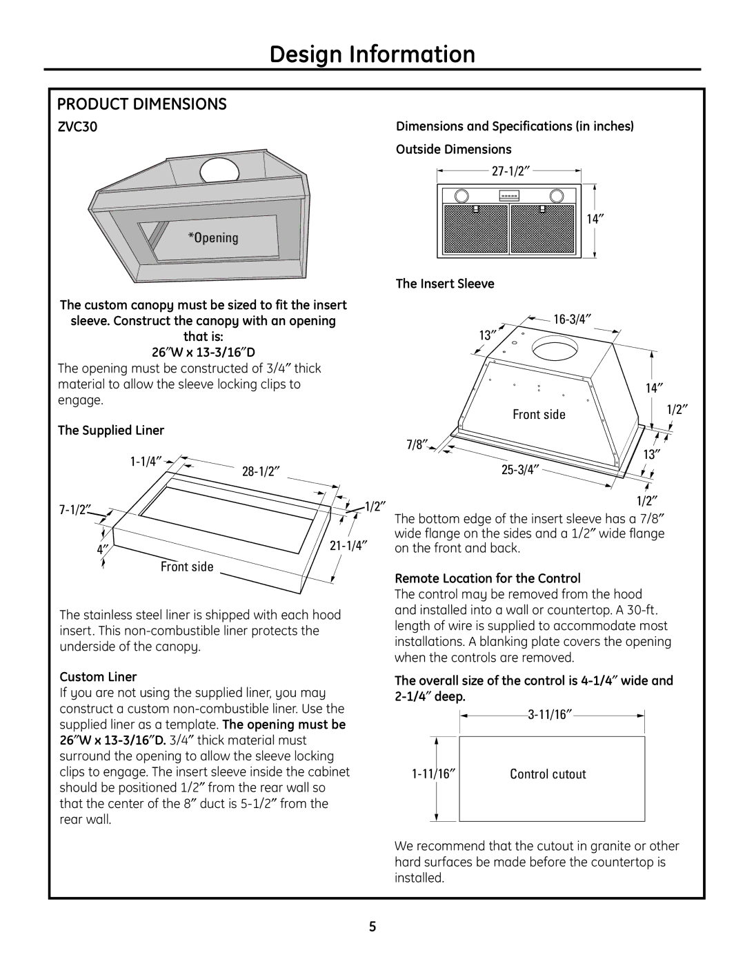 GE ZVC48, ZVC42, ZVC36 installation instructions Product Dimensions, ZVC30 