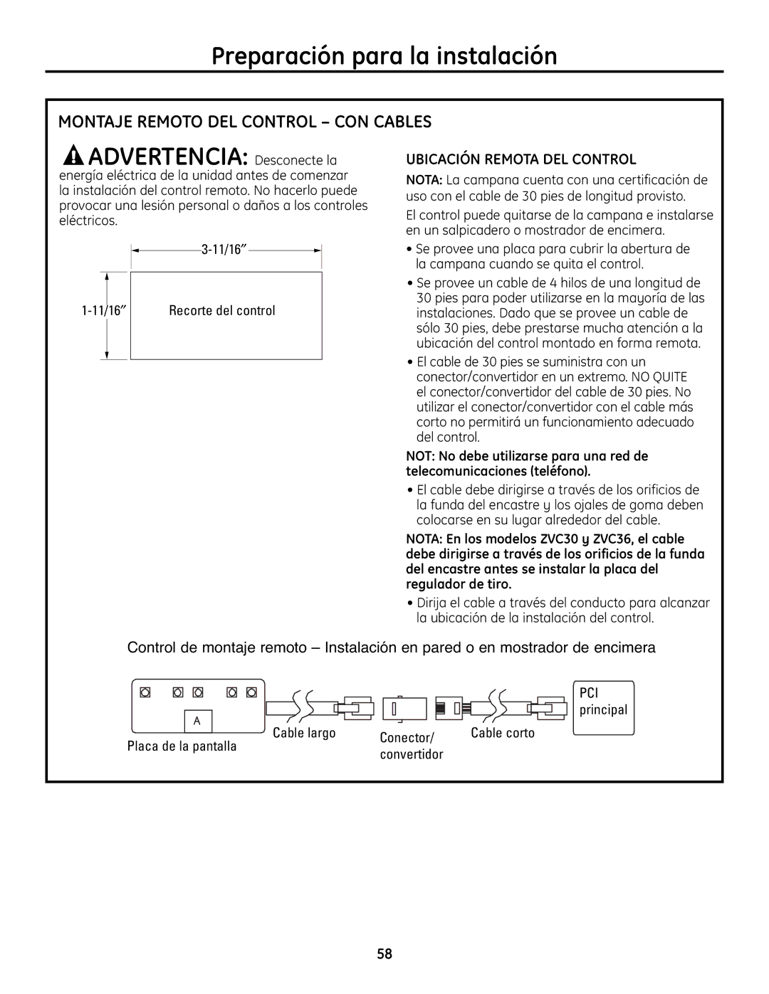 GE ZVC36, ZVC42 Advertencia Desconecte la, Montaje Remoto DEL Control CON Cables, Ubicación Remota DEL Control, Principal 