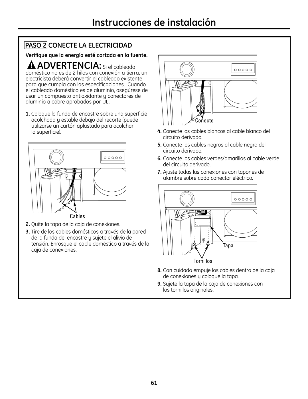 GE ZVC48, ZVC42, ZVC36, ZVC30 installation instructions Paso 2 Conecte LA Electricidad, ADVERTENCIASi el cableado 