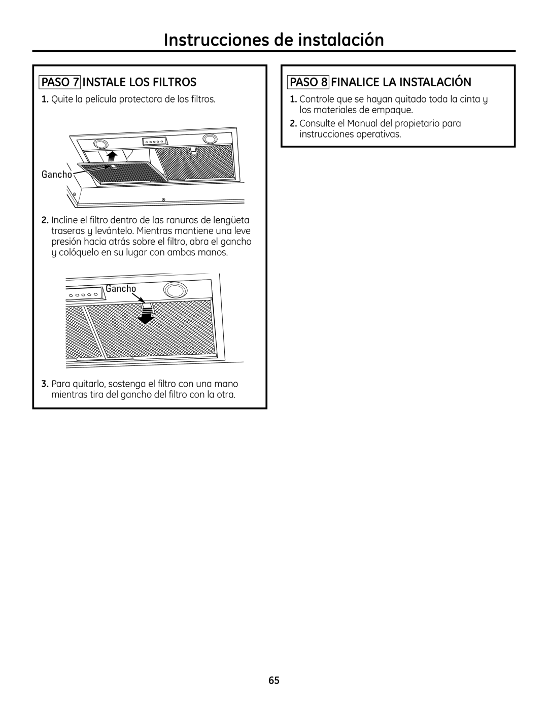 GE ZVC48 Paso 7 Instale LOS Filtros, Paso 8 Finalice LA Instalación, Quite la película protectora de los filtros Gancho 