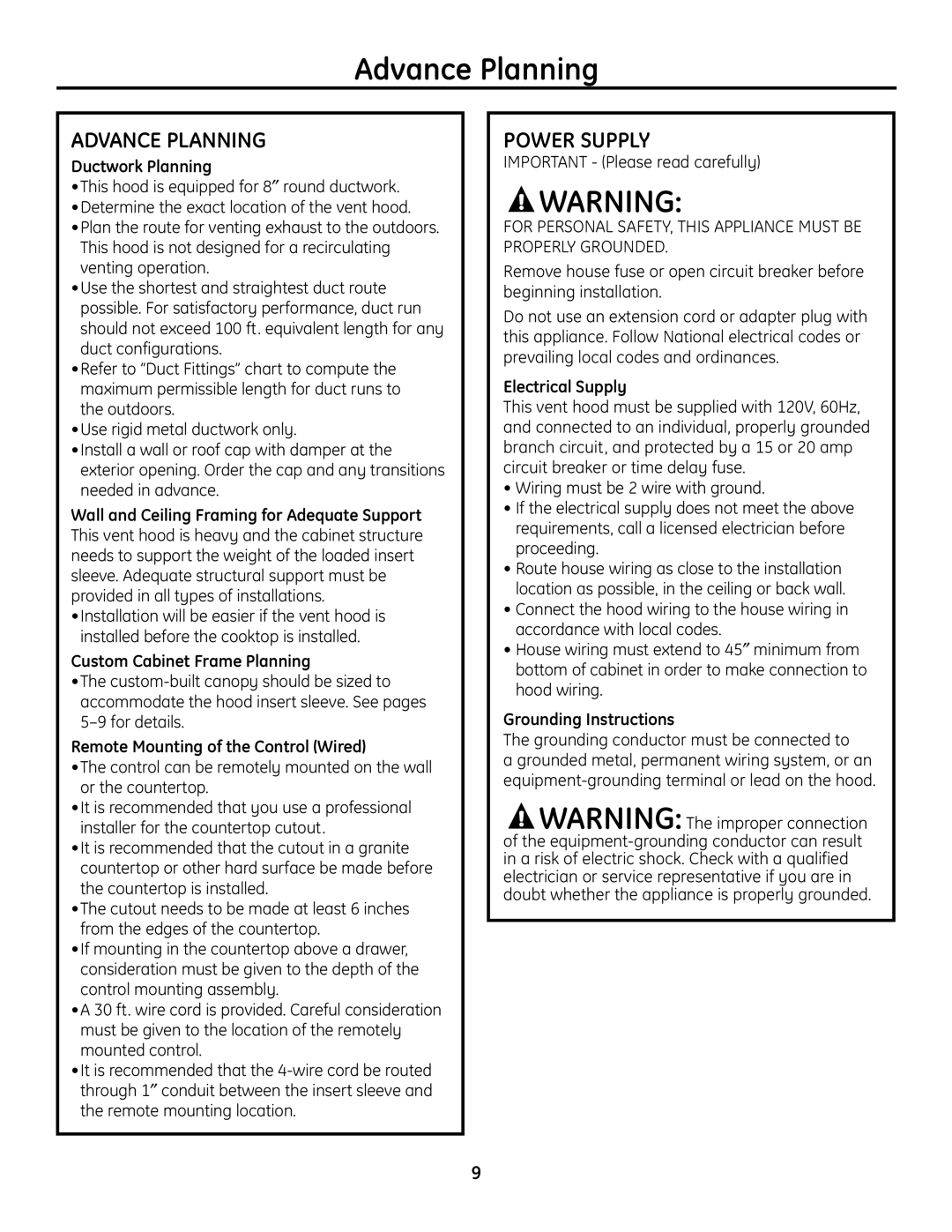 GE ZVC48, ZVC42, ZVC36, ZVC30 installation instructions Advance Planning, Power Supply 