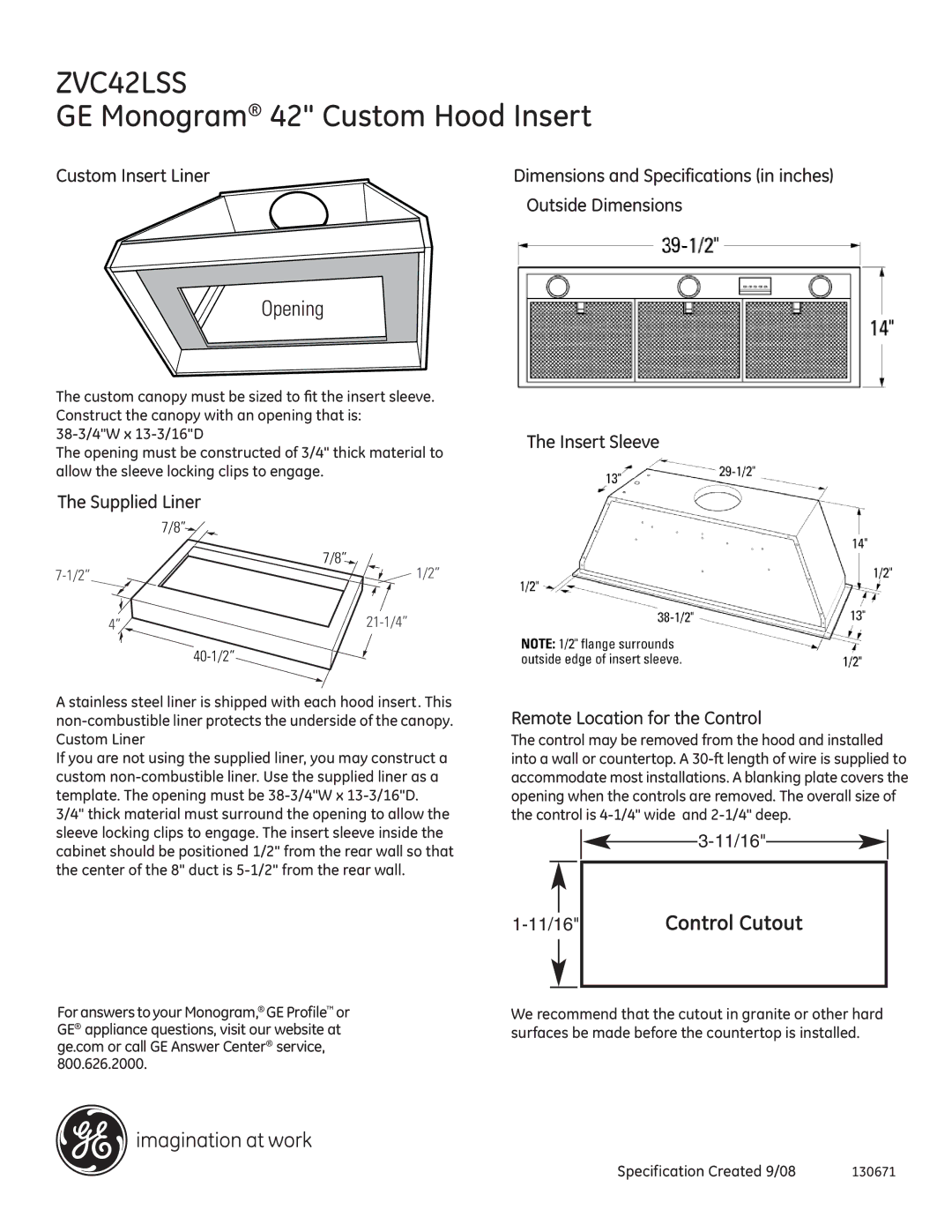 GE ZVC42LSS dimensions GE Monogram 42 Custom Hood Insert 