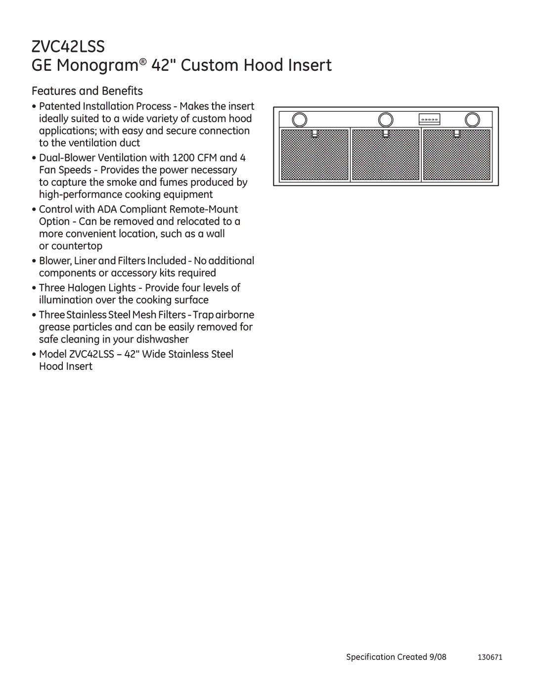 GE ZVC42LSS dimensions Features and Benefits 