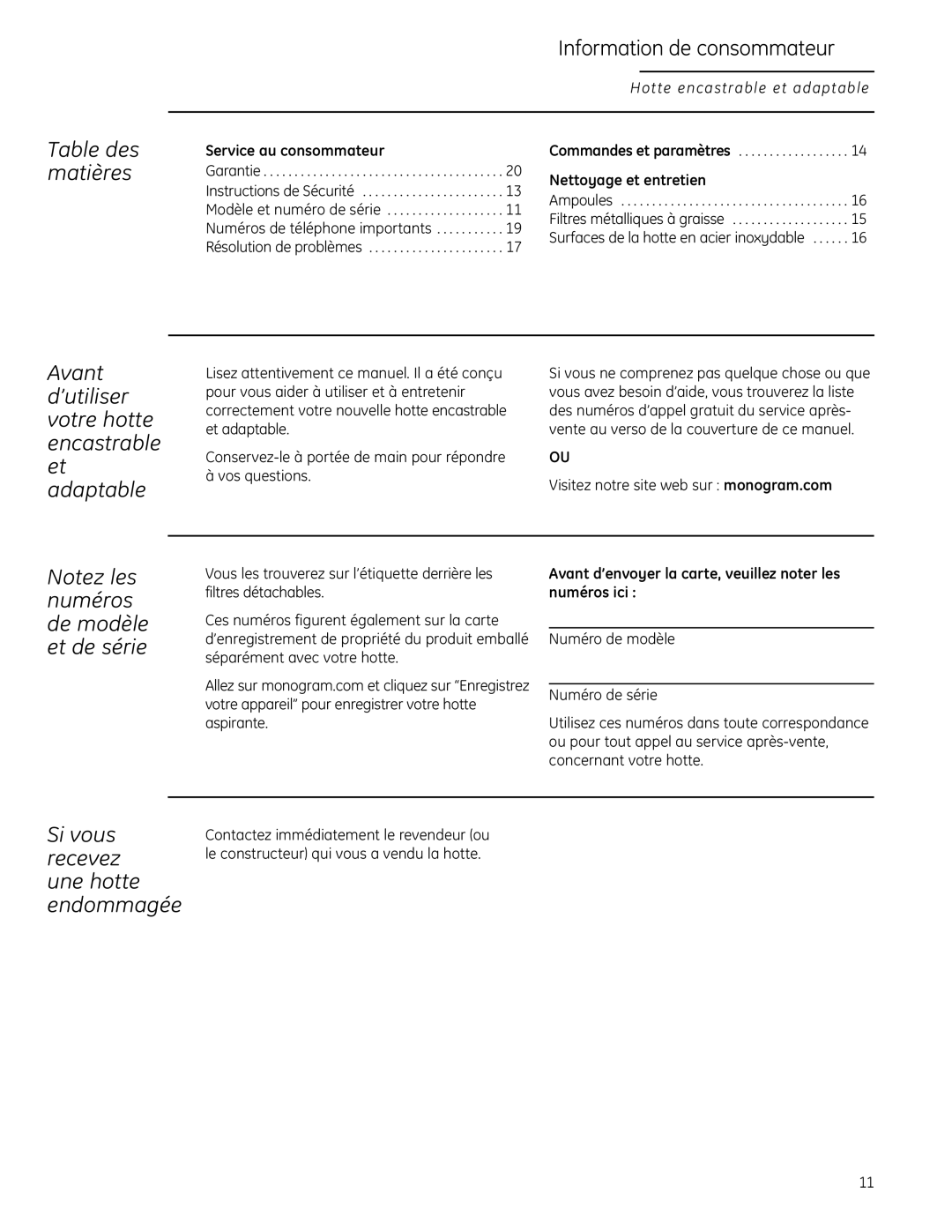 GE 49-80565, ZVC48LSS owner manual Information de consommateur, Si vous, Recevez, Une hotte Endommagée 