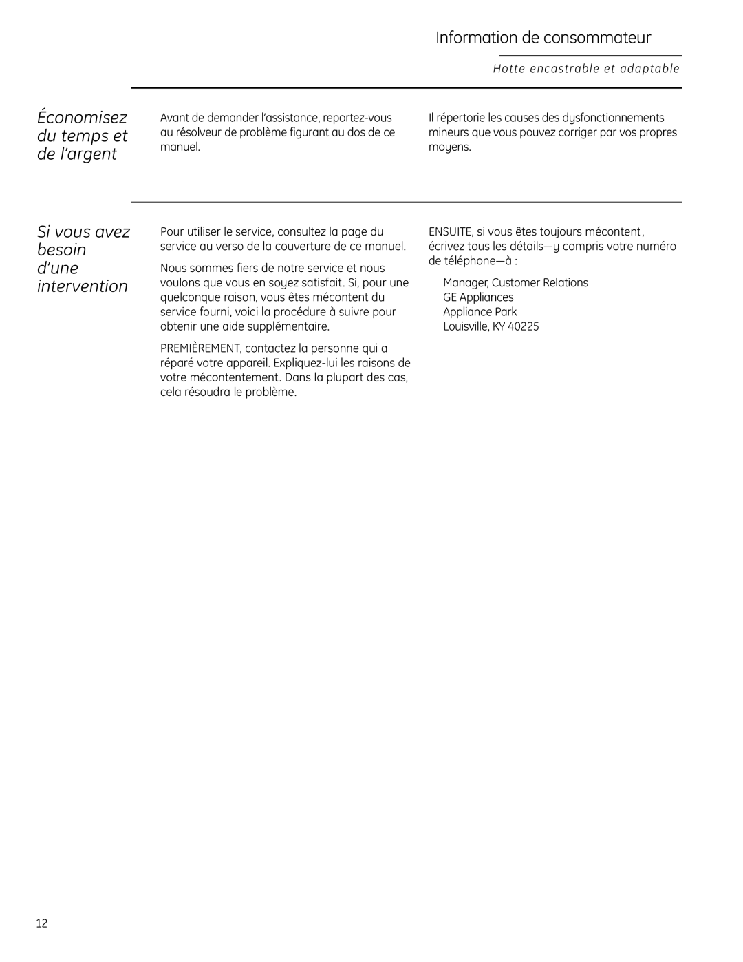 GE ZVC48LSS Information de consommateur, Économisez du temps et de l’argent, Si vous avez besoin d’une intervention 